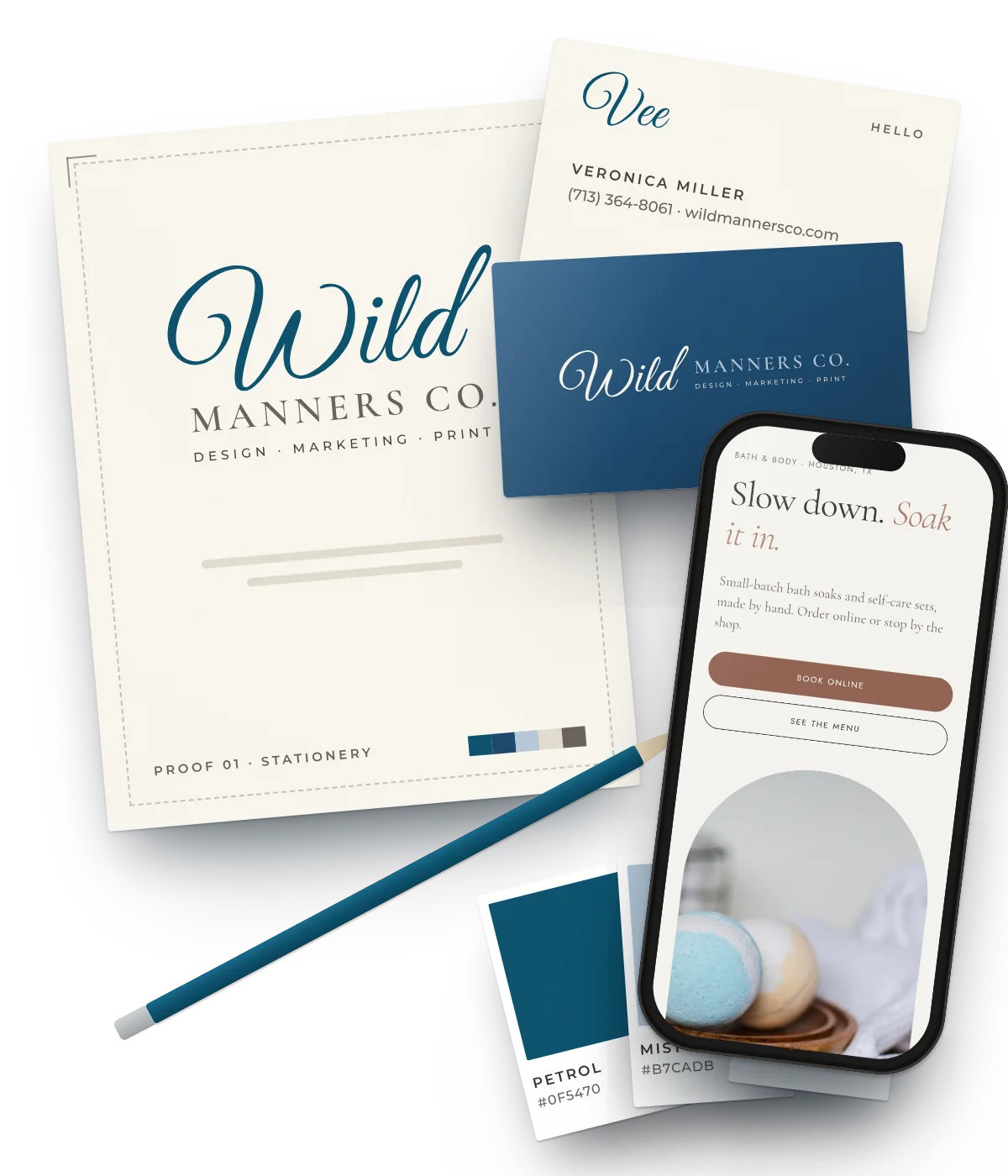 Wild Manners Co. stationery proof, business cards, color swatches, and a sample website on a phone