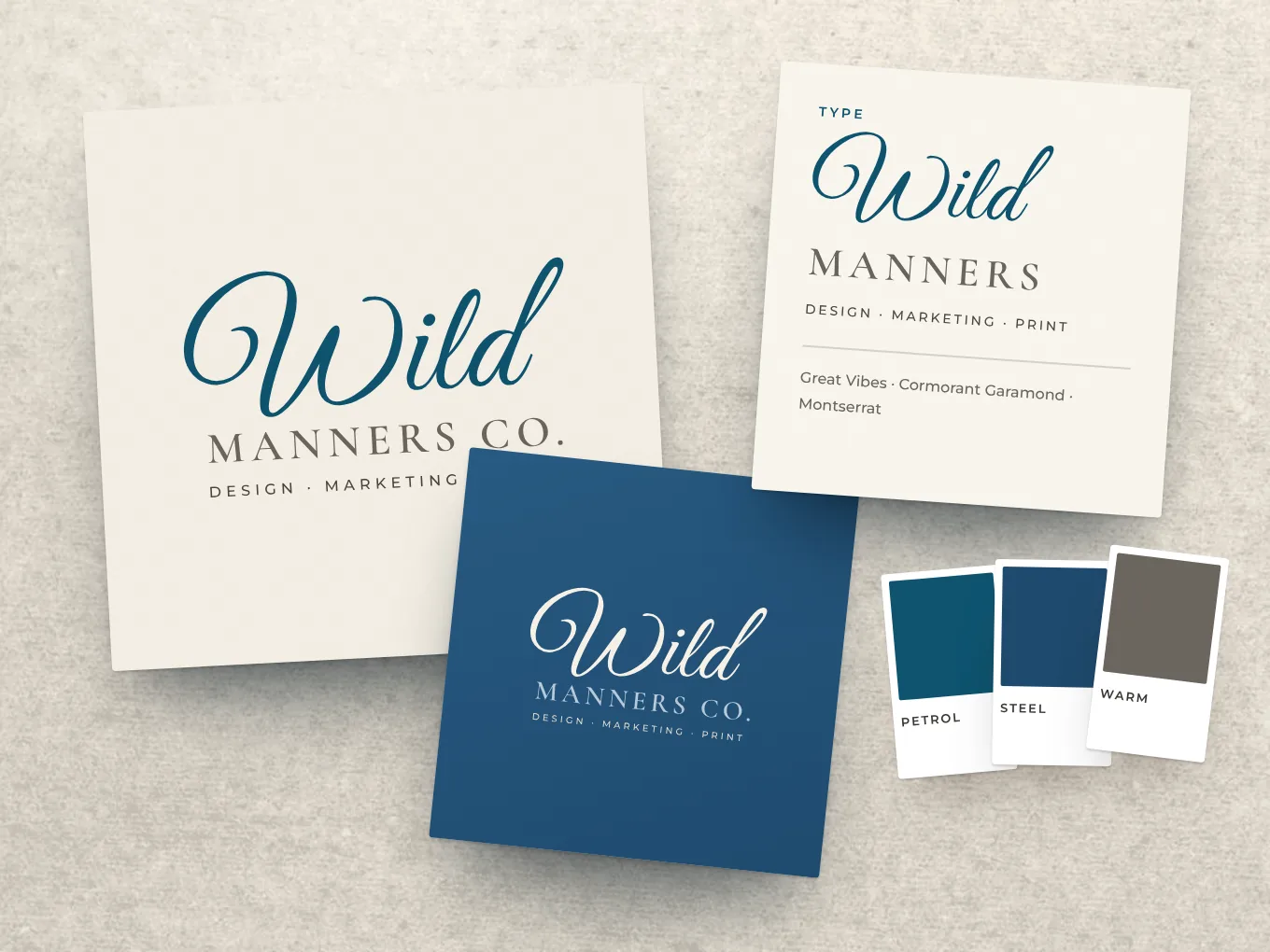 Wild Manners Co. logo cards, type sheet, and color chips