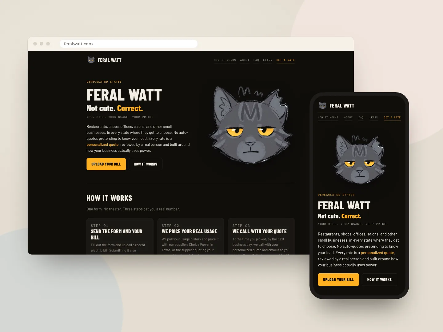 The Feral Watt website on a laptop and a phone