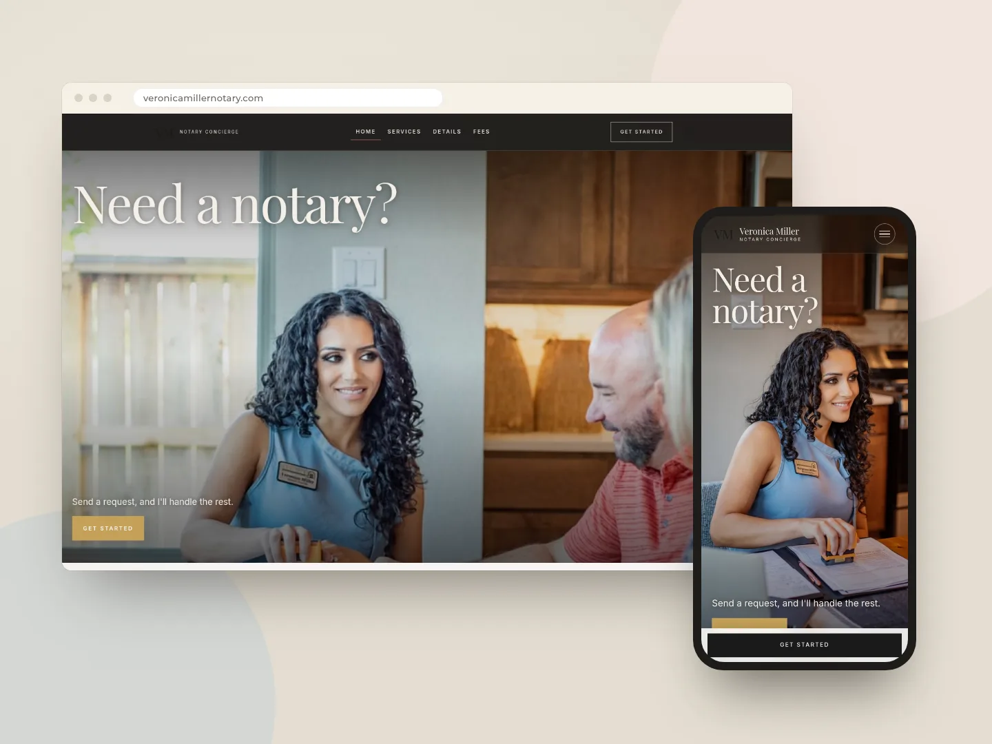 The Veronica Miller Notary Concierge website on a laptop and a phone