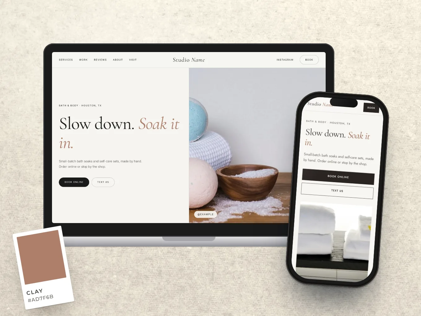 A sample beauty website shown on a laptop and a phone